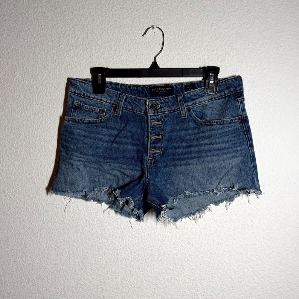 Lucky Brand Los Angeles Cut Off Shorts Women 8 Blue Denim Logo Frayed Hem Casual